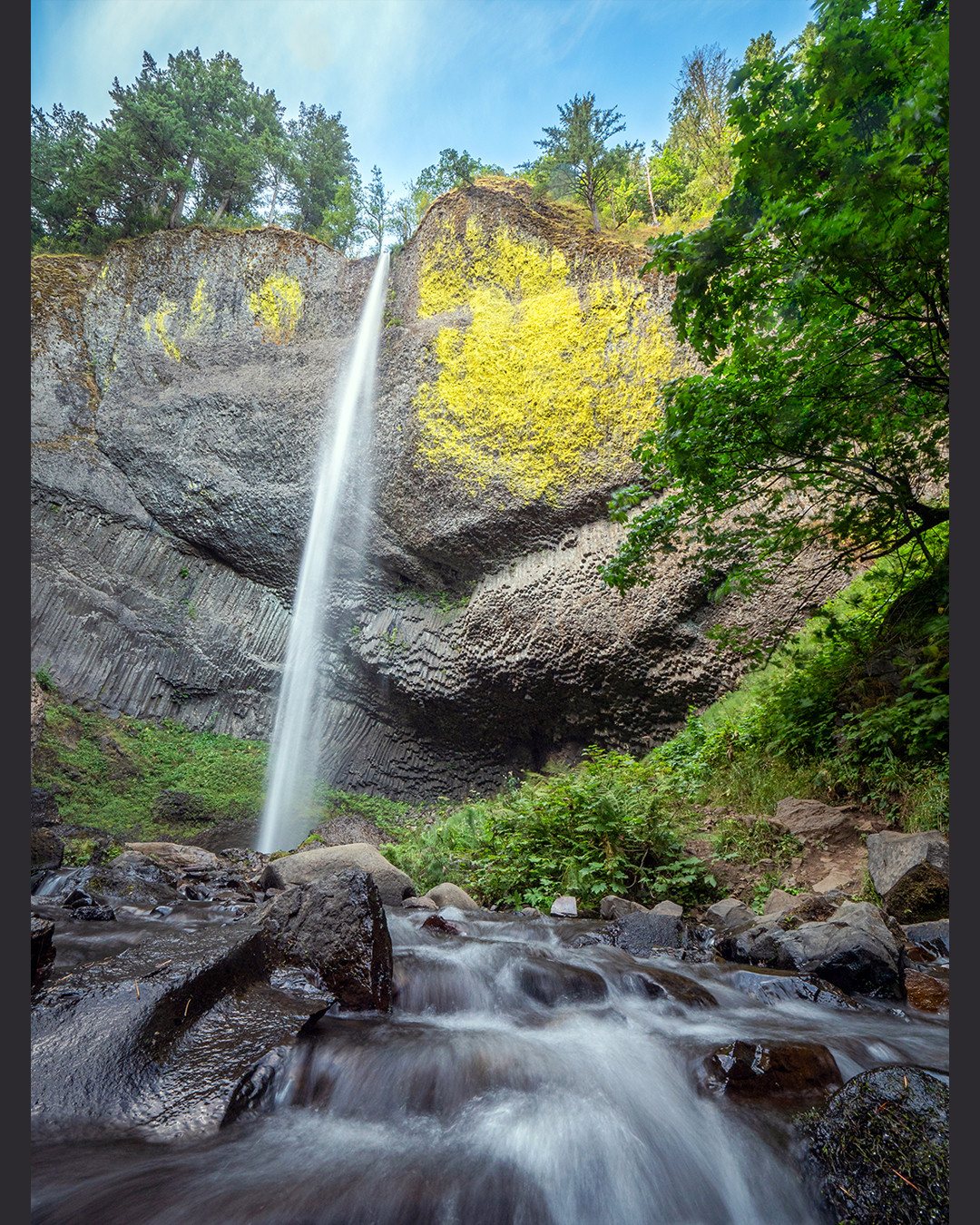 Lower Latourell Falls plunges over its overhanging columnar basalt cliff, in the Columbia River Gorge, Oregon.⁠
⁠
The impressive Lower Latourell Falls drops around 224 feet (68 m) and is one of the few waterfalls within the Columbia River Gorge that drops straight down from an overhanging cliff. Most of the falls in the gorge tumble to some degree, while Latourell makes minimal contact against the columnar basalt cliff walls except during extra heavy flow.⁠
⁠
The basalt columns were formed 15–17 million years ago during the Columbia River Basalt Floods, when lava flows cooled slowly enough to crack into geometric patterns. The vibrantly colored yellow patches on the cliff are golden crustose lichens, which thrive on the exposed basalt face.⁠
⁠
In order to use the flowing water of the creek as a leading line to the waterfall, I placed my tripod and camera as low to the water as I could. Given the turbulent nature of this particular spot of the creek, I was left constantly battling water droplets, needing to use my air blower nonstop on the lens right up until taking each photograph.