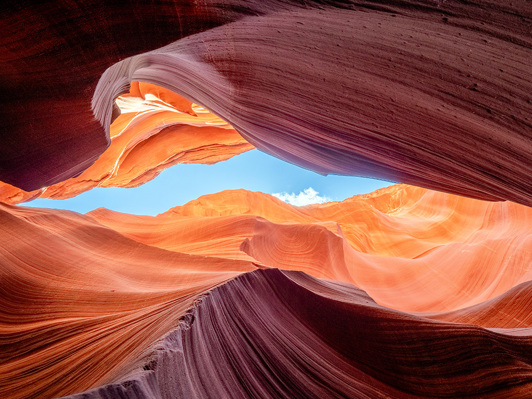 Looking up through the narrow and flowing sandstone walls of Lower Antelope Canyon in Page, Arizona.⁠
⁠
I recently posted a photo I took inside Upper Antelope Canyon on my trip to Page, Arizona. But almost equally as popular and beautiful is the nearby Lower Antelope Canyon. Both are slot canyons, with Upper having more of an A-shaped profile, gradually getting narrower toward the top, while Lower has more of a V-shaped profile, gradually opening up toward the top. One thing is the same, though: both were born from ancient sand dunes that eventually hardened into sandstone before being carved into the canyons we see today.⁠
⁠
The wave-like patterns formed in the sandstone in this photo were primarily sculpted by the very thing they resemble: flowing water. While weathering from wind certainly plays a role in shaping exposed sandstone, flash floods are the major sculpting force inside these narrow canyons. Water forcing its way through the confined passages carries sand, gravel and other debris with it, which act as abrasives, gradually cutting deeper into the sandstone as they pass. This means that the work of art that is Lower Antelope Canyon is not a finished one, but a landscape that continues to change with every significant flood.